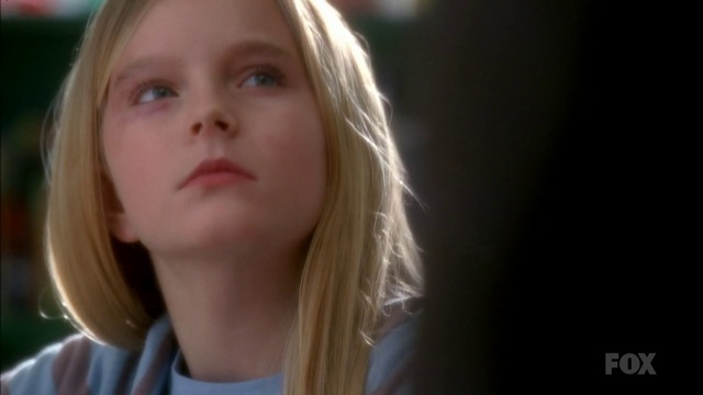 Olivia lies and says she “fell”. Obviously this is an abused child. Meanwhile, Elizabeth and Peter are driving in a car when they pass a field of white ... - Fringe-S3x15-Olivia-with-black-eye-from-dirt-bag