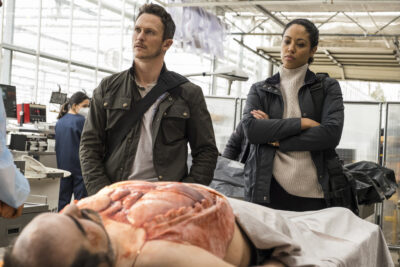 Debris S1x04 Bryan and Finola at the lead farmers autopsy