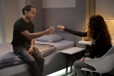 The Ark S1x06 Sharon and Spencer toast to No Secrets with Single Malt Scotch