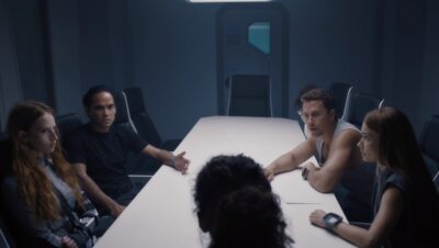 The Ark S1x07 Staff meeting to question Kelly the lone survivor