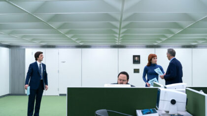 Severance S2x03 Mark Dylan Helly and Irving in their Macrodata office