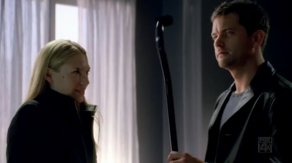 Peter inspects Olivia's cane for a "hidden ninja sword"