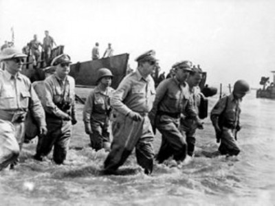 General Douglas MacArthur lands at Leyte