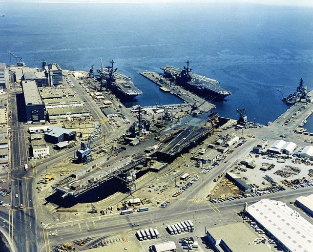 Hunters Point Naval Shipyard with three aircraft carriers circa 1971