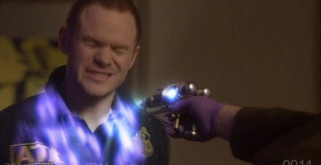 Warehouse 13 S3x01 Steve Jinks is  blasted by Tesla